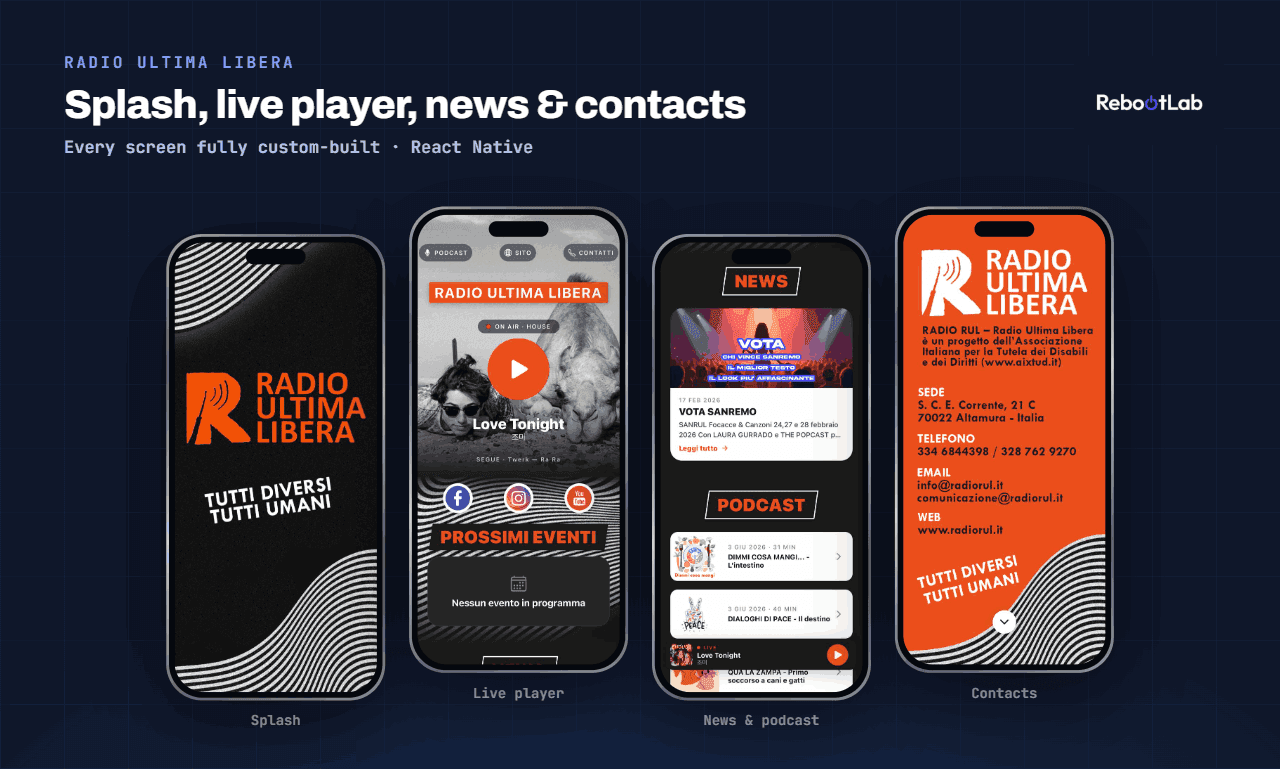 Schermate dell'app Radio Ultima Libera: splash, player live, news e podcast, contatti